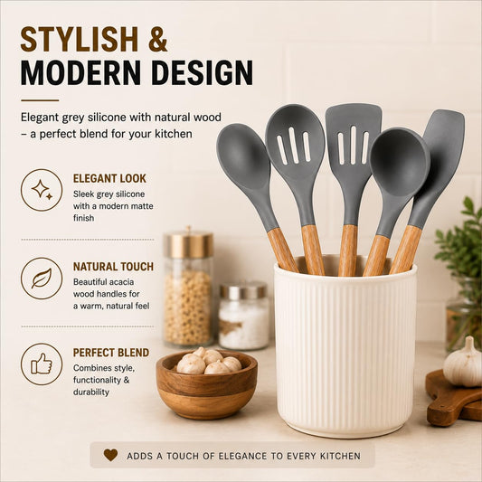 Premium 6 PCS Silicone Kitchen Utensils Set with Wooden Handle & Holder