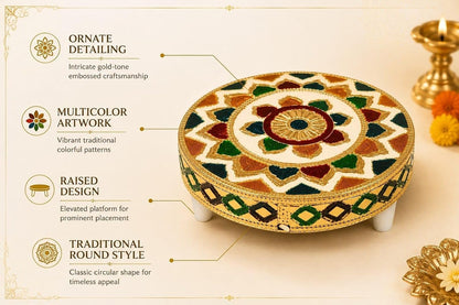 Decorative Pooja Chowki with Rajasthani Meenakari Design | Round Wooden Chowki for Home & Festive Decor