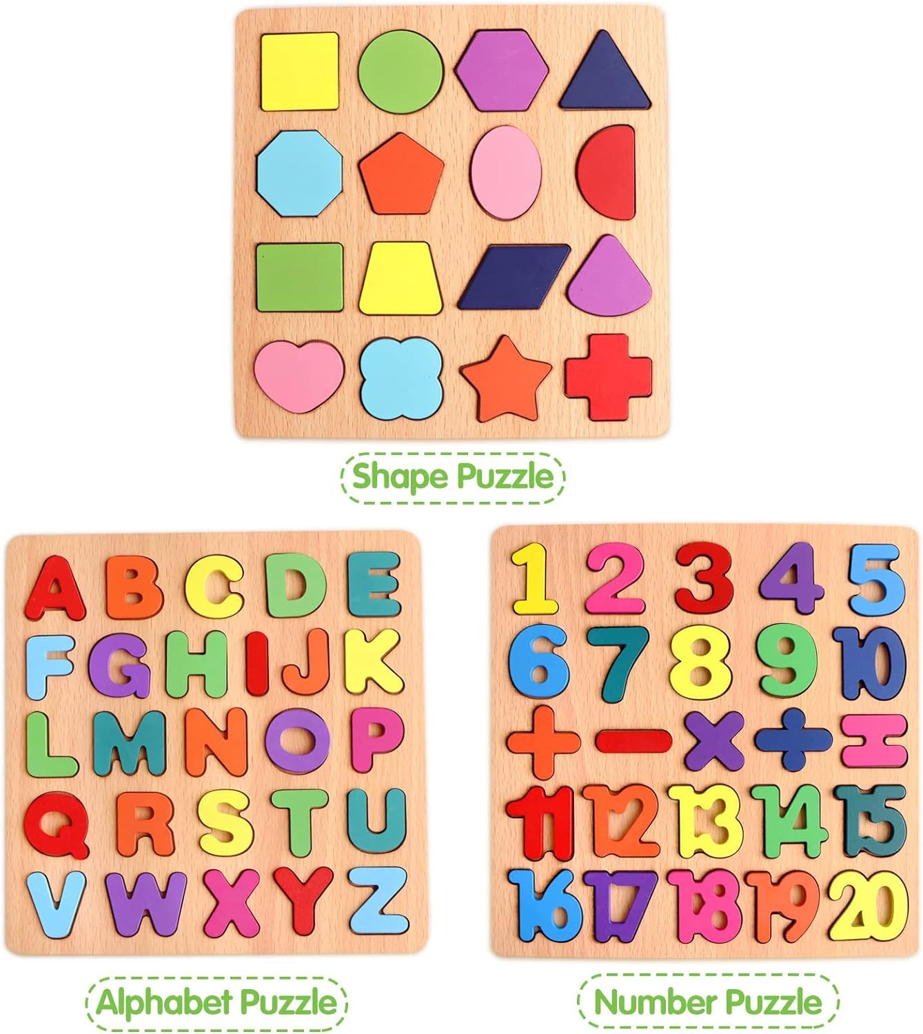 3 in 1 Wooden Puzzle Board for Toddlers – Alphabet, Numbers & Shapes Learning Toy