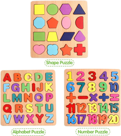 3 in 1 Wooden Puzzle Board for Toddlers – Alphabet, Numbers & Shapes Learning Toy