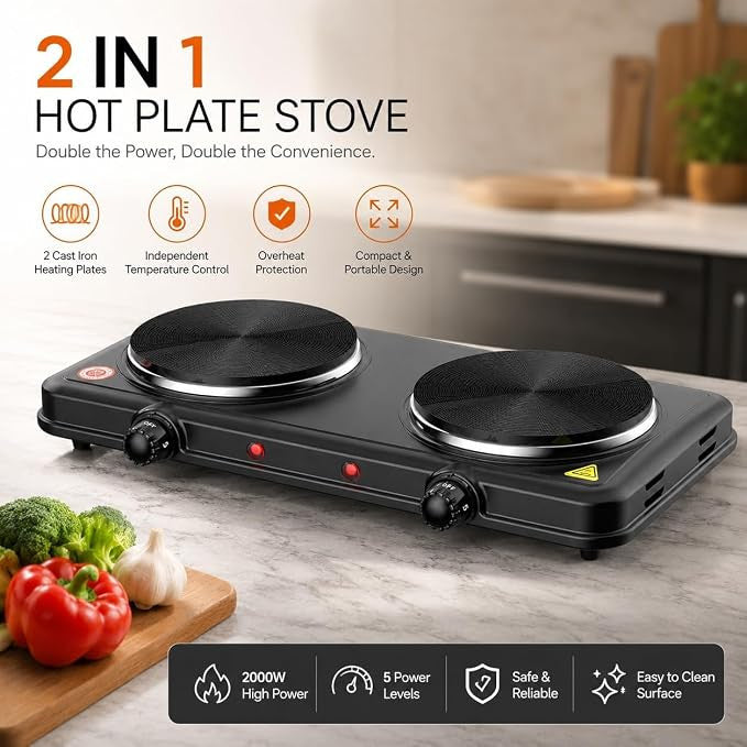 2500W 2 in 1 Electric Hot Plate Double Burner Cooktop