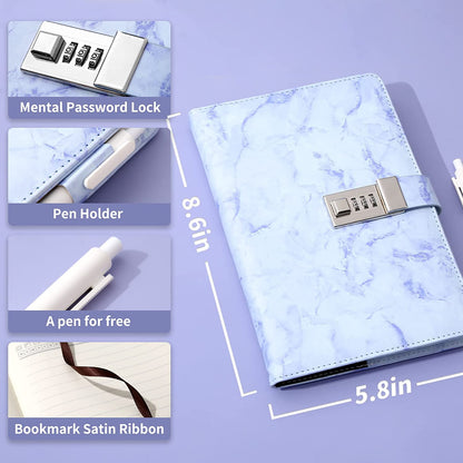 Marble Lockable Book with Password – Personal Notebook with Combination Lock for Travel & Daily Use