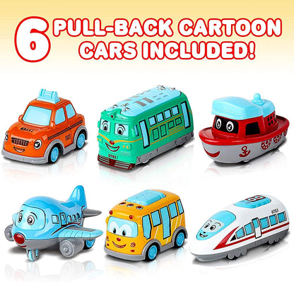 6 Pcs Metal Cartoon Vehicle Toy Set – Mini Bus, Train, Car, Plane & Boat for Kids