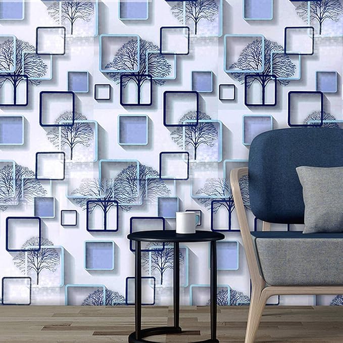 Blue Cube 3D Wallpaper | 45x500 cm PVC Wall Sticker | Self Adhesive Waterproof Wallpaper