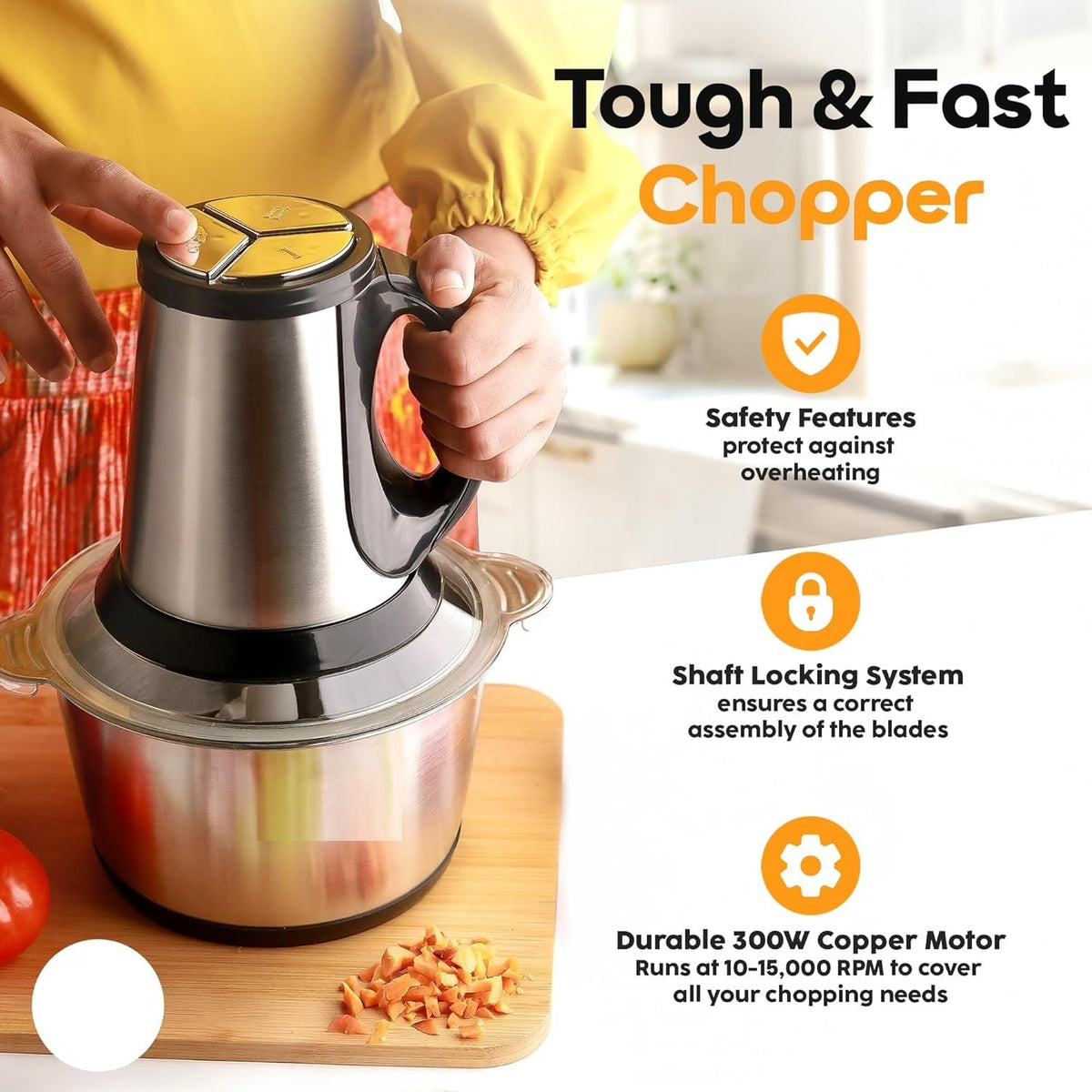 3 Litre Electric Food Chopper & Grinder with Handle | Stainless Steel Heavy-Duty Vegetable, Fruit & Meat Chopper