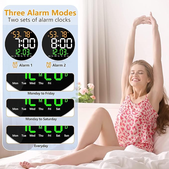 LED Digital Round Wall Clock with Time, Temperature, Humidity, Date & Dual Alarm Display