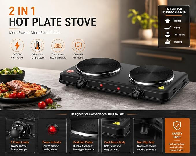 2500W 2 in 1 Electric Hot Plate Double Burner Cooktop