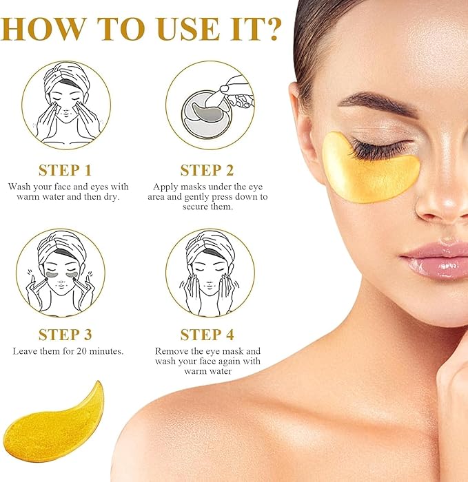 Under Eye Mask with 24K Gold – Hydrogel Eye Patches for Dark Circles, Puffiness & Wrinkles