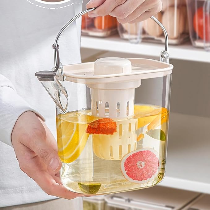 Acrylic Transparent Drink Dispenser with Fruit Filter – Fridge Water Jug for Juice, Iced Tea, Milk & Cold Beverages