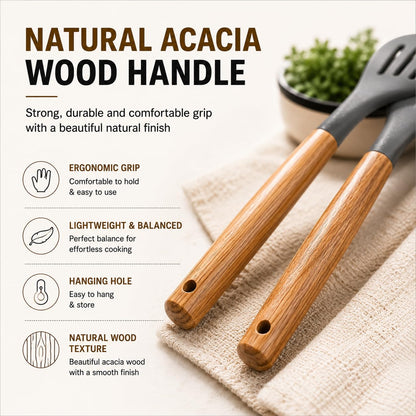 Premium 6 PCS Silicone Kitchen Utensils Set with Wooden Handle & Holder