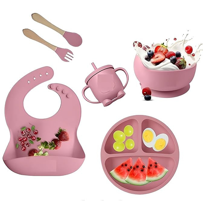 6 PCS Silicone Baby Feeding Set | BPA Free Baby Dinner Set with Bib, Plate, Bowl, Cup & Spoon