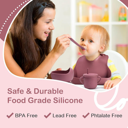 6 PCS Silicone Baby Feeding Set | BPA Free Baby Dinner Set with Bib, Plate, Bowl, Cup & Spoon