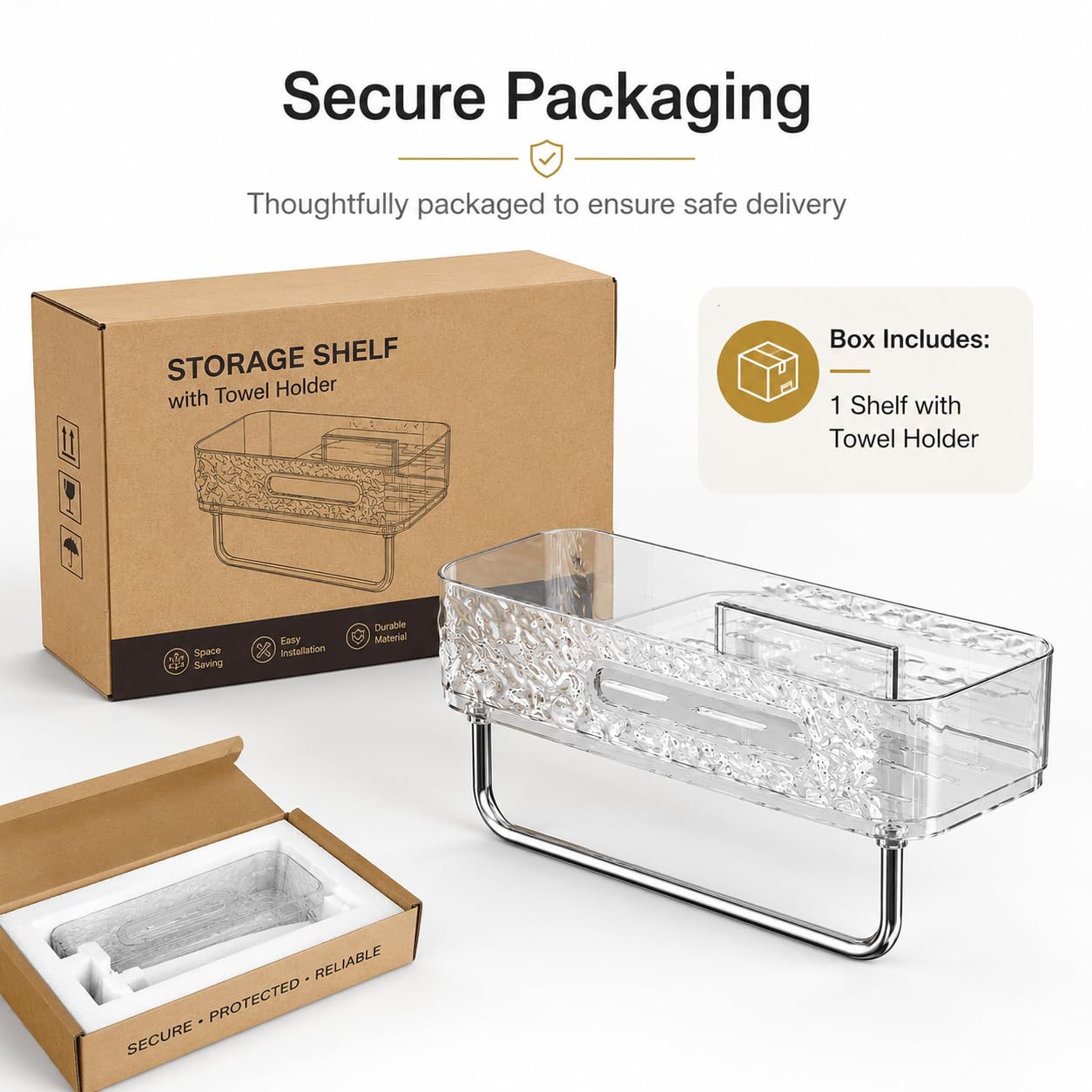 Transparent Self Adhesive Bathroom Shelf with Towel Holder