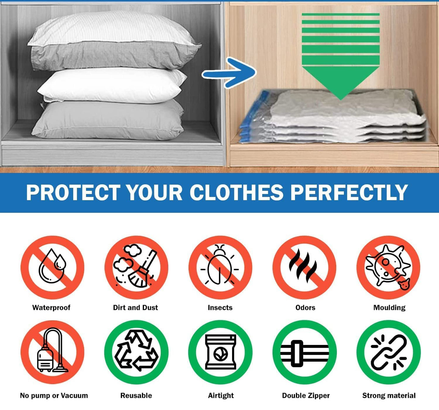 5 PCS Vacuum Storage Bags with Pump – Reusable Space Saver Seal Bags