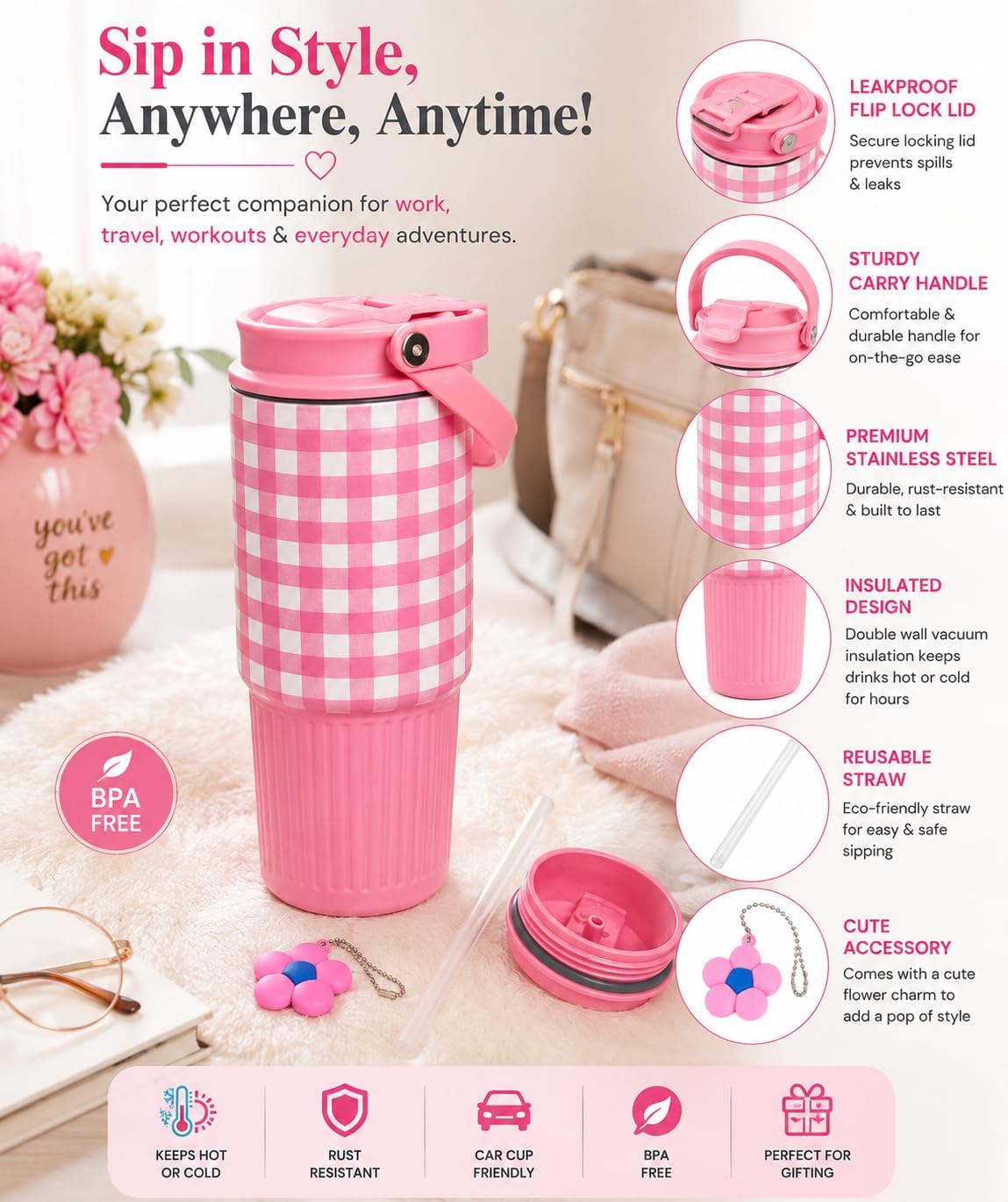 Gingham Checkered Tumbler with Handle | Aesthetic Reusable Travel Cup