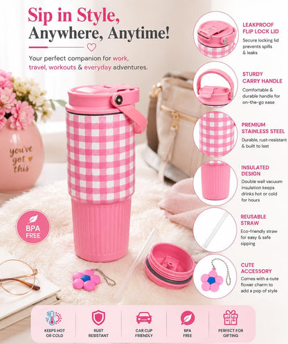 Gingham Checkered Tumbler with Handle | Aesthetic Reusable Travel Cup
