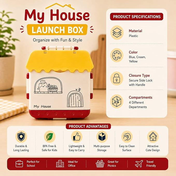 Cute Home Shape Kids Lunch Box | Cute House Design Bento Box with Compartments for School & Picnic