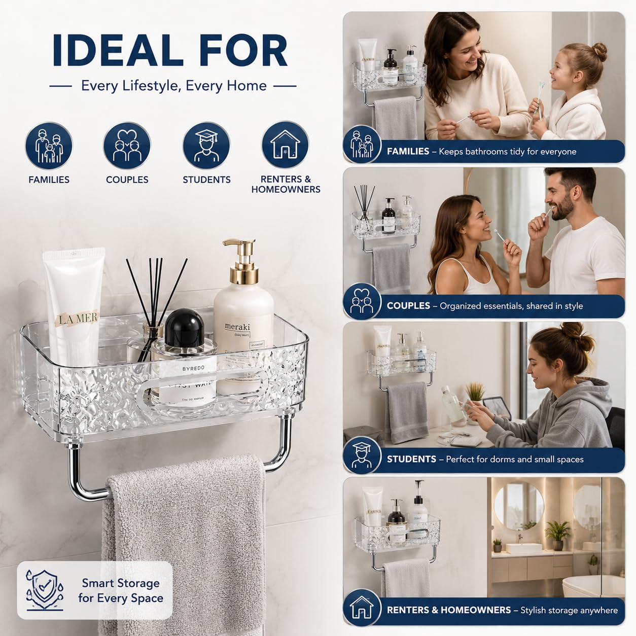 Transparent Self Adhesive Bathroom Shelf with Towel Holder