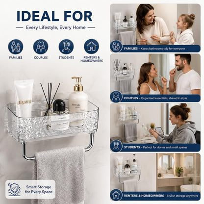 Transparent Self Adhesive Bathroom Shelf with Towel Holder