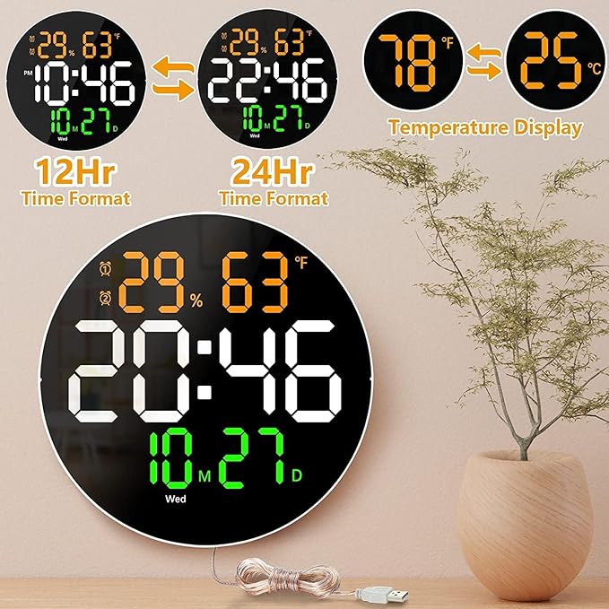 LED Digital Round Wall Clock with Time, Temperature, Humidity, Date & Dual Alarm Display