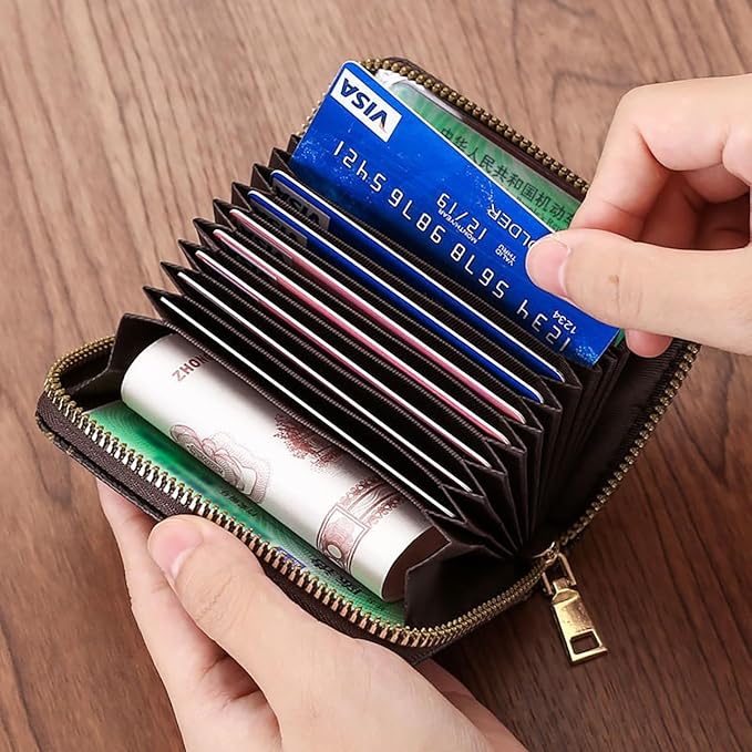Mini Credit Card Wallet | PU Leather Zipper Card Holder for Men & Women | 11-Slot Compact ID & Cash Purse
