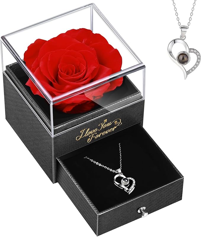 Eternal Love Rose Gift Box with Heart Projection Necklace