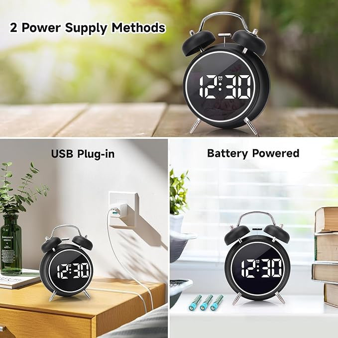 Twin Bell LED Digital Alarm Clock with Night Light Display