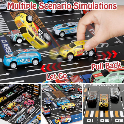 48 PCS Alloy Pull Back Car Set with Container Storage | Mini Metal Toy Cars for Kids