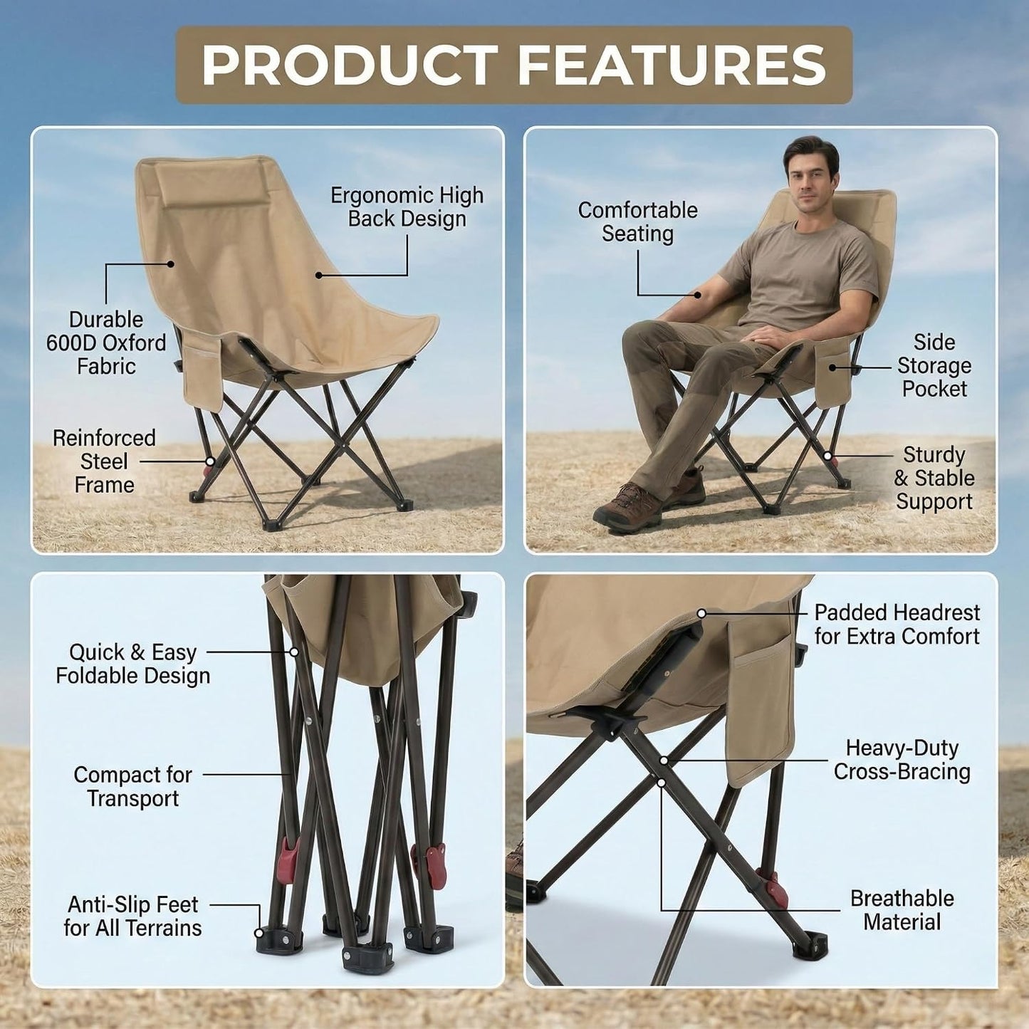 Camping Chair with Footrest | Portable Folding Lounge Chair with Carry Bag | Outdoor Relax Chair