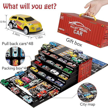 48 PCS Alloy Pull Back Car Set with Container Storage | Mini Metal Toy Cars for Kids