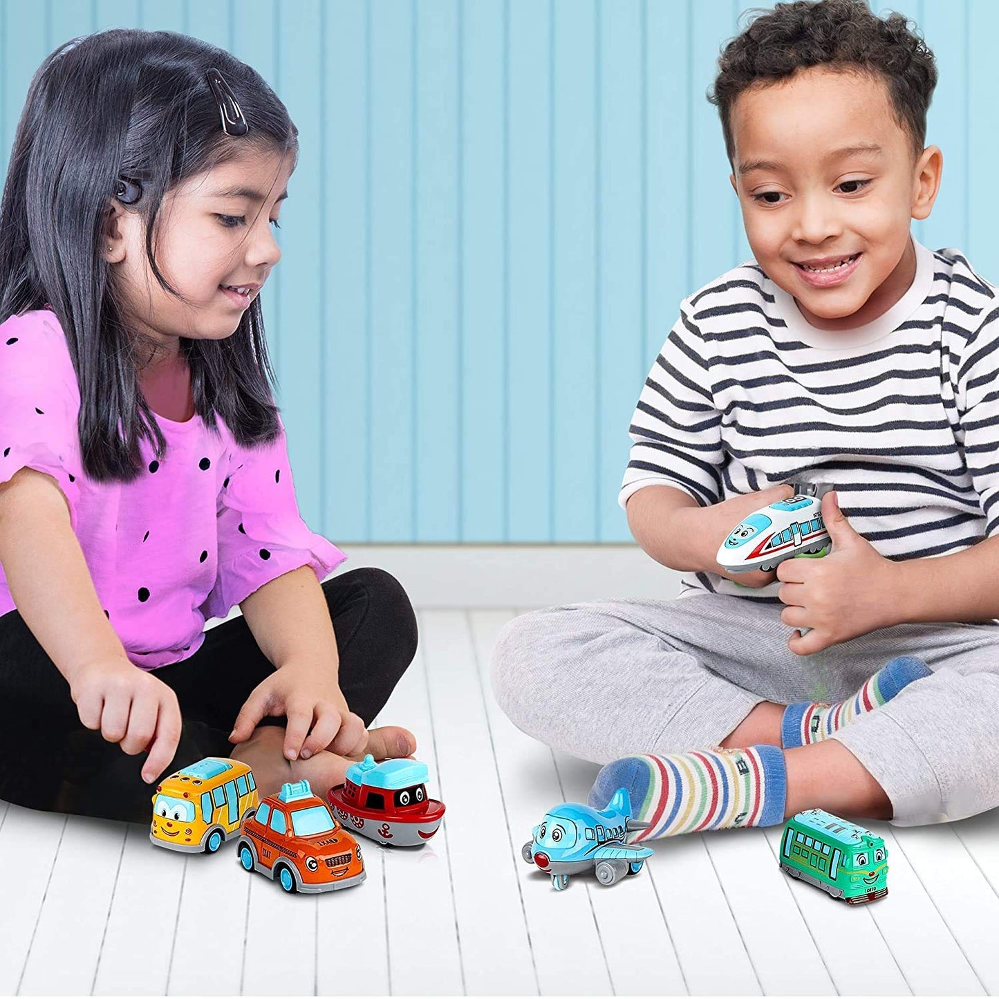 6 Pcs Metal Cartoon Vehicle Toy Set – Mini Bus, Train, Car, Plane & Boat for Kids
