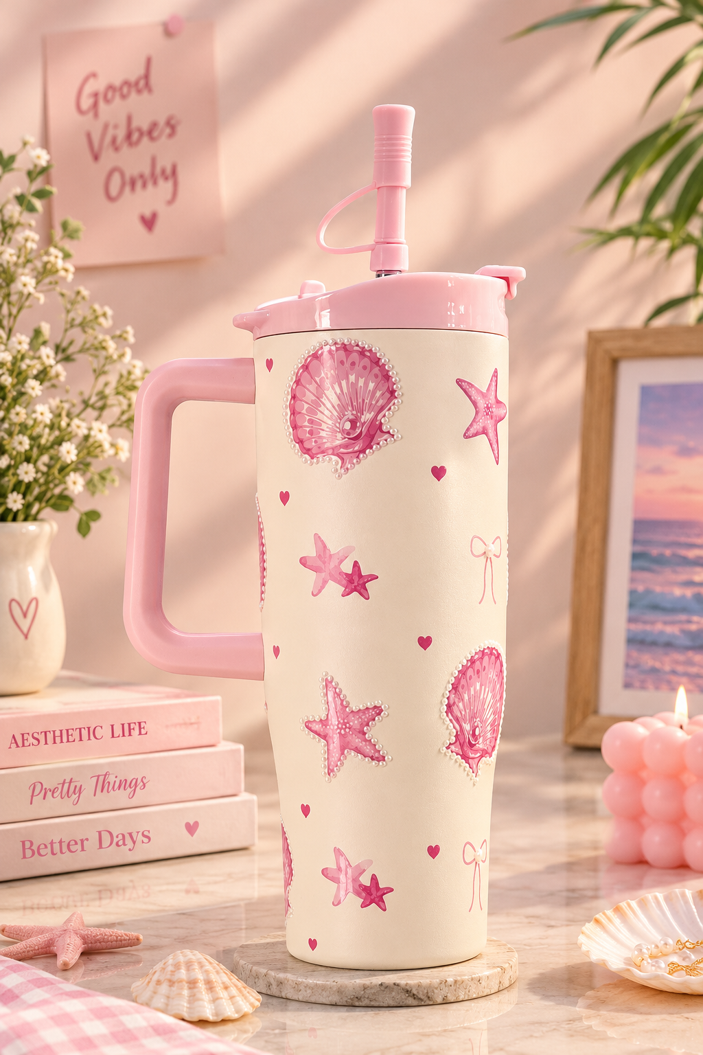Pastel Heart Design Tumbler with Handle & Straw | Aesthetic Insulated Water Cup | Cute Gift for Girls
