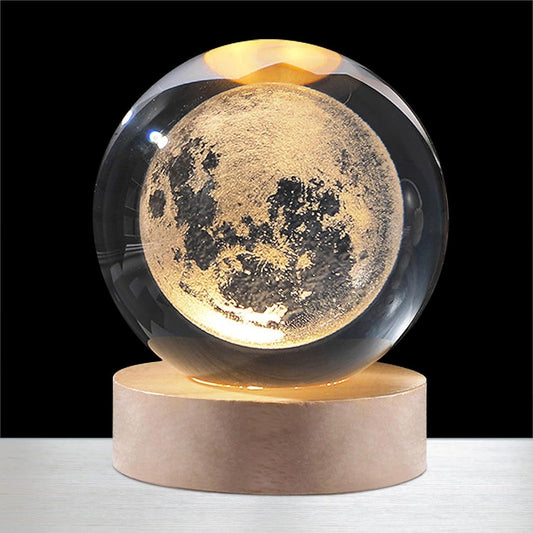 3D Moon Crystal Ball Night Lamp with Wooden LED Base