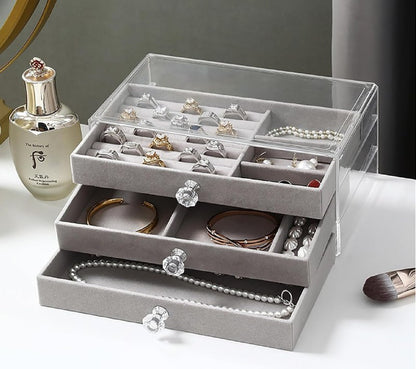 Jewelry Organizer Box with Transparent Acrylic Cover 3 Drawer | Earring, Ring & Necklace Storage Case