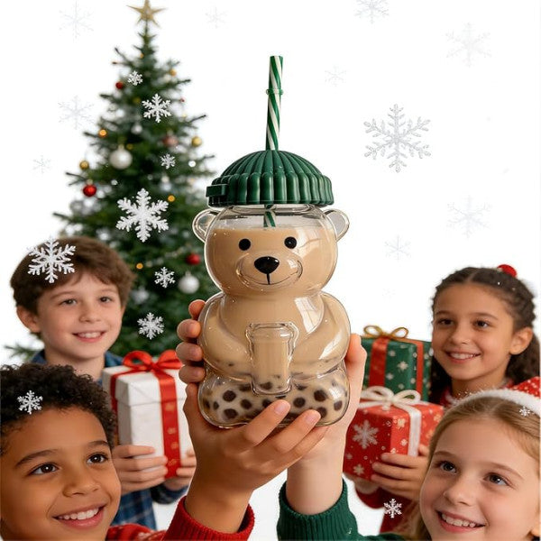 Glass Bear Straw Cup with Lid | Cute Bear Shaped Drinking Cup
