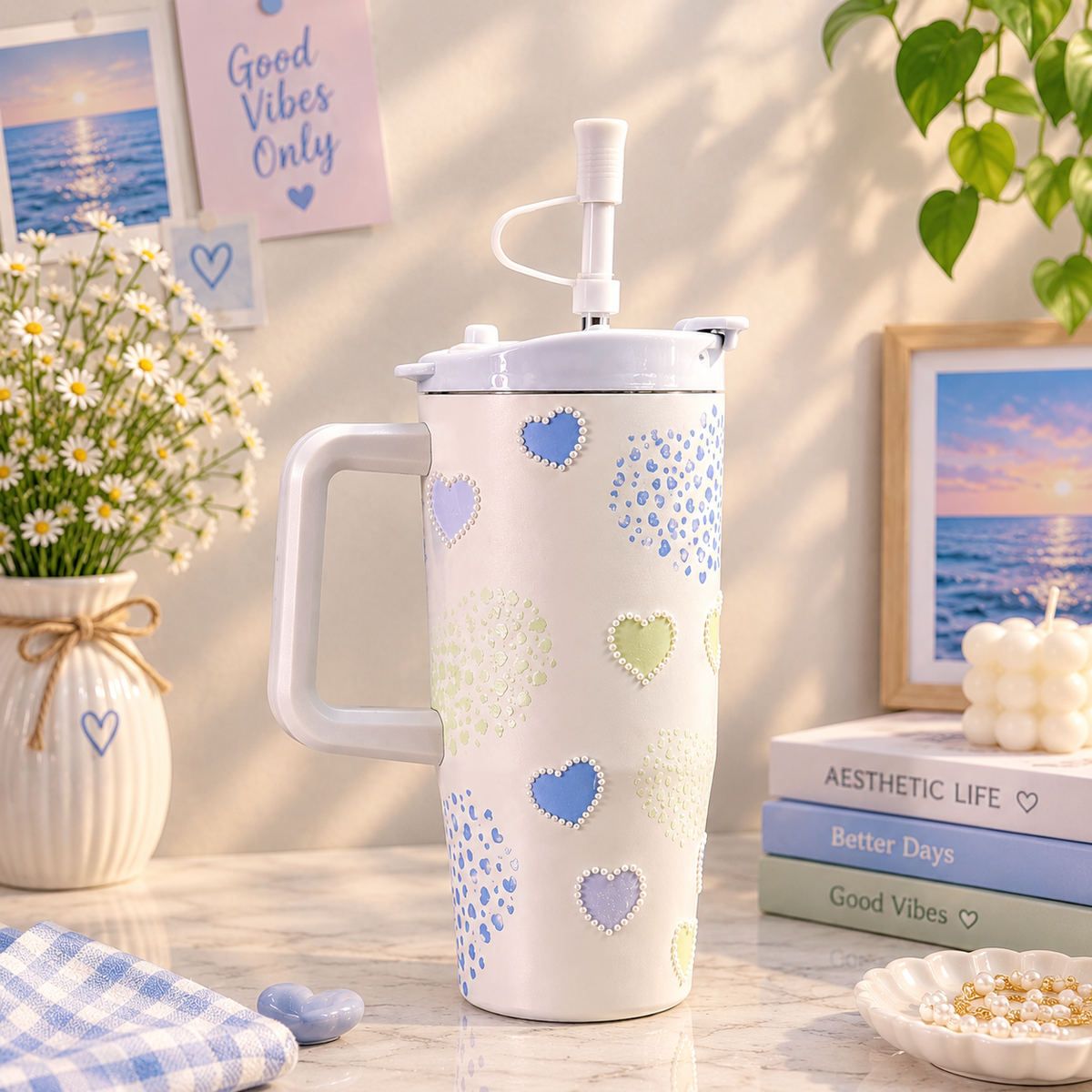 Pastel Heart Design Tumbler with Handle & Straw | Aesthetic Insulated Water Cup | Cute Gift for Girls