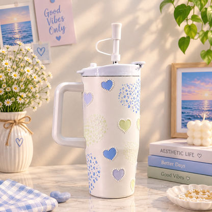 Pastel Heart Design Tumbler with Handle & Straw | Aesthetic Insulated Water Cup | Cute Gift for Girls