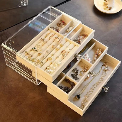 Jewelry Organizer Box with Transparent Acrylic Cover 3 Drawer | Earring, Ring & Necklace Storage Case