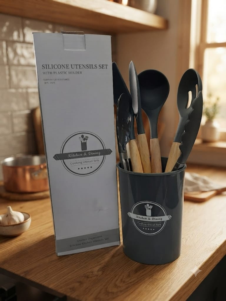 Premium 6 PCS Silicone Kitchen Utensils Set with Wooden Handle & Holder