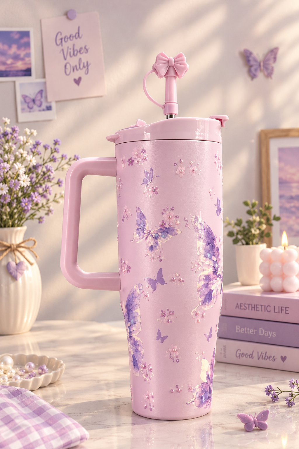 Pastel Heart Design Tumbler with Handle & Straw | Aesthetic Insulated Water Cup | Cute Gift for Girls