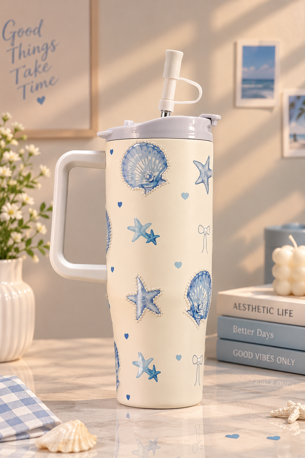 Pastel Heart Design Tumbler with Handle & Straw | Aesthetic Insulated Water Cup | Cute Gift for Girls