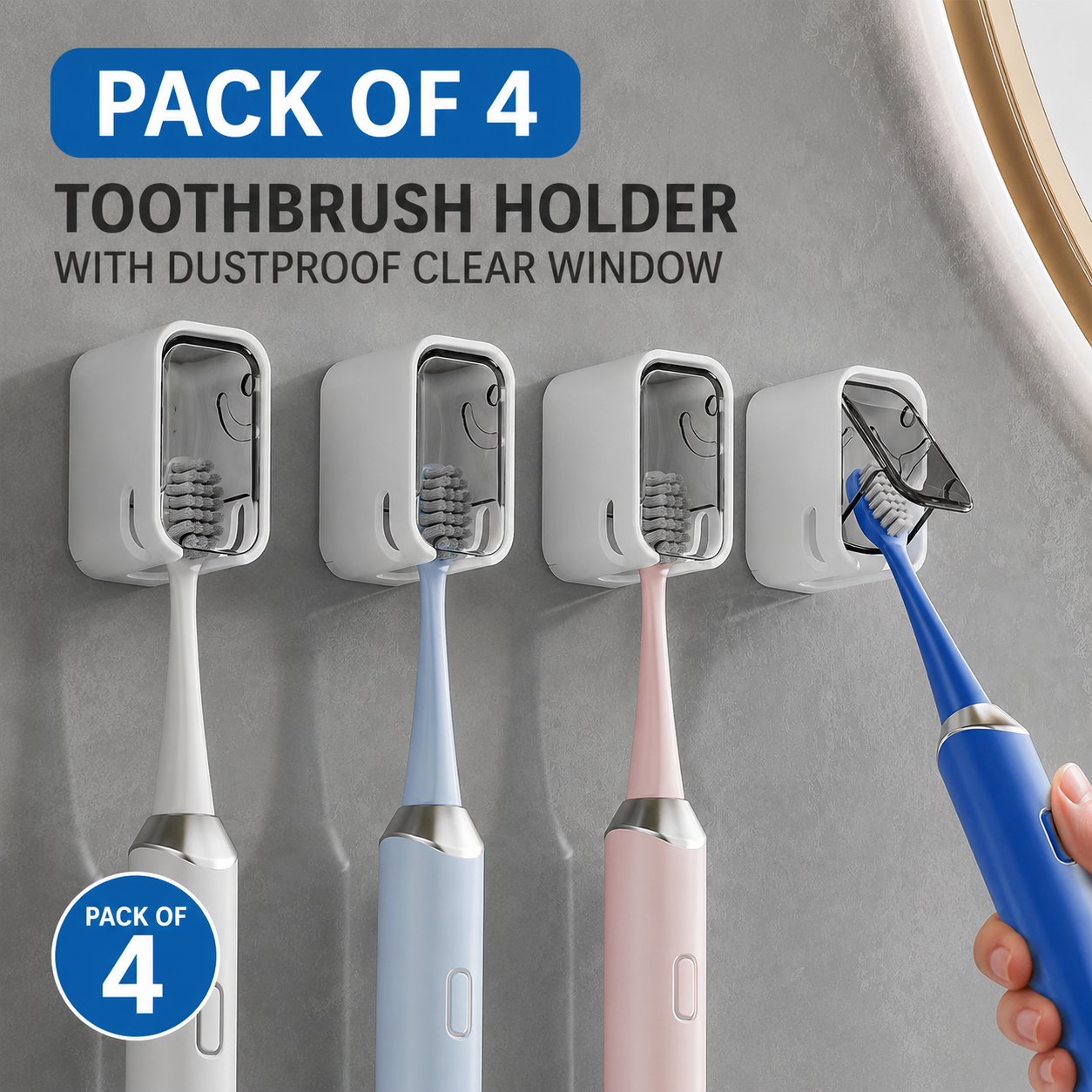Toothbrush Holder with Dustproof Clear Window (Pack Of 4) | Wall Mounted Toothbrush Organizer for Bathroom