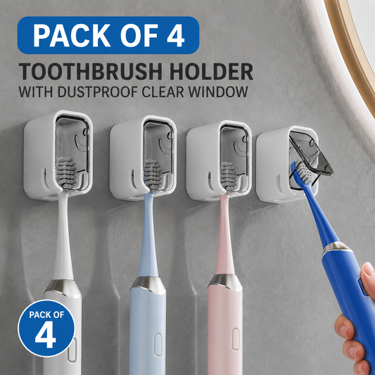 Toothbrush Holder with Dustproof Clear Window (Pack Of 4) | Wall Mounted Toothbrush Organizer for Bathroom
