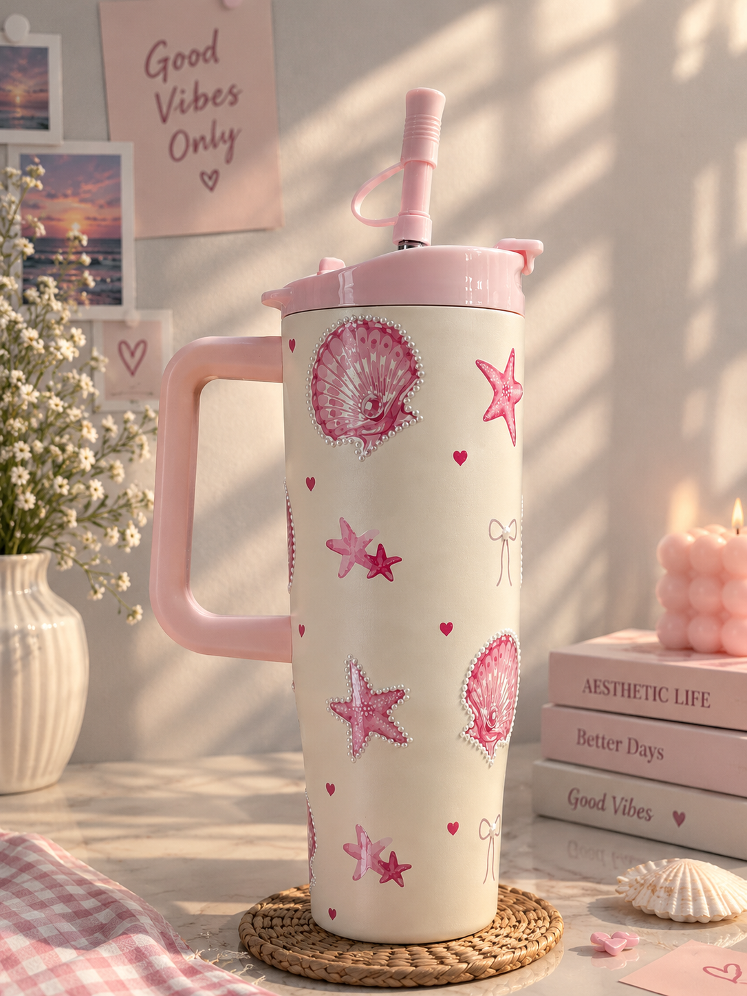 Pastel Heart Design Tumbler with Handle & Straw | Aesthetic Insulated Water Cup | Cute Gift for Girls