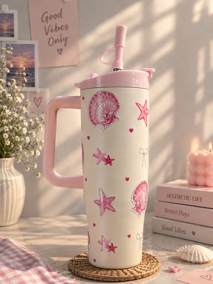 Pastel Heart Design Tumbler with Handle & Straw | Aesthetic Insulated Water Cup | Cute Gift for Girls