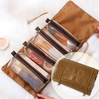 4 In 1 Hanging Travel Cosmetic Bag | Foldable Roll-Up Makeup & Toiletry Organizer with Detachable Zipper Pouches