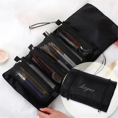 4 In 1 Hanging Travel Cosmetic Bag | Foldable Roll-Up Makeup & Toiletry Organizer with Detachable Zipper Pouches
