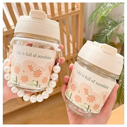 Pearl Glass Cup Water Bottle with Handle | Cute Glass Tumbler