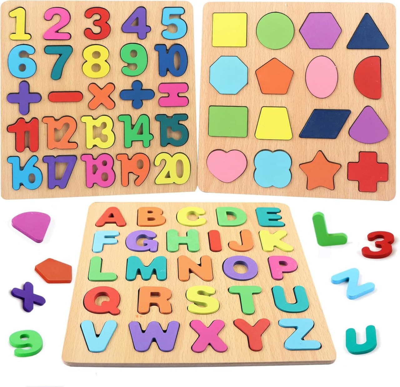 3 in 1 Wooden Puzzle Board for Toddlers – Alphabet, Numbers & Shapes Learning Toy