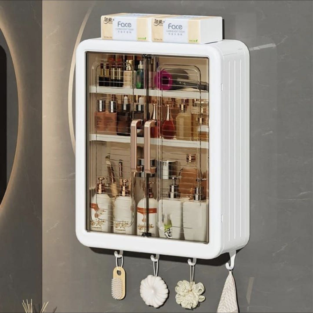 Multipurpose Wall Mounted Storage Cabinet with Transparent Doors – Kitchen, Bathroom & Cosmetic Organizer Rack